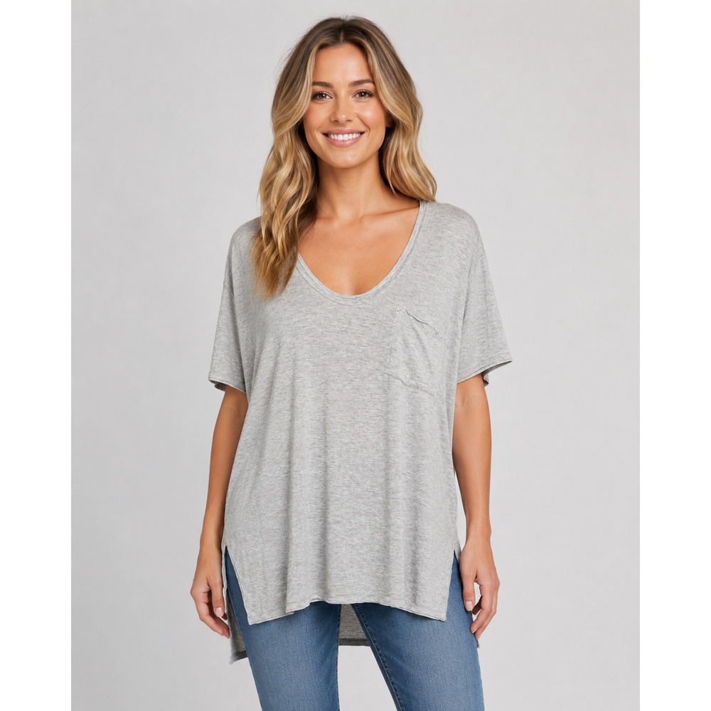 We The Free Free People Gray Oversized Tunic Top Large Pocket Hi Low Hem Comfy - Picture 8 of 8